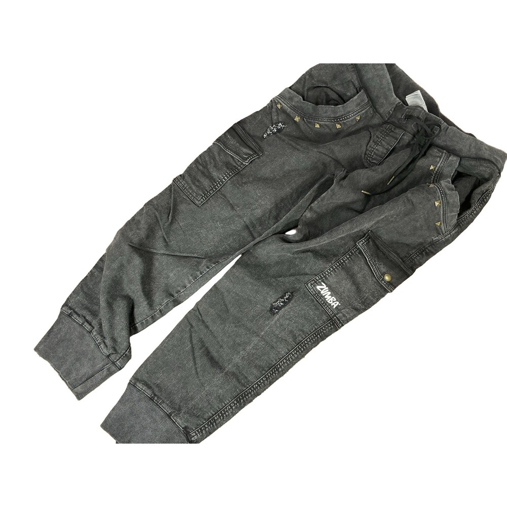 Zumba Studded Cargo Jogger Pants Women's L Washed Black Distressed Drawstring